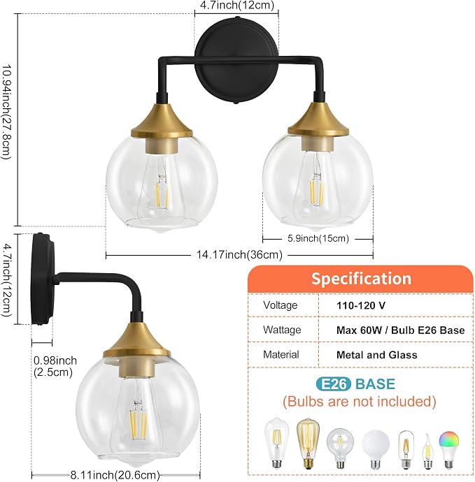 Black and Gold Bathroom Vanity Light 2-Light Vanity Lights 14" | Farmhouse Vanity Lighting Fixtures Over Mirror, Thickened Clear Glass Shade, UL E26 Dimmable Vanity Light Fixtures