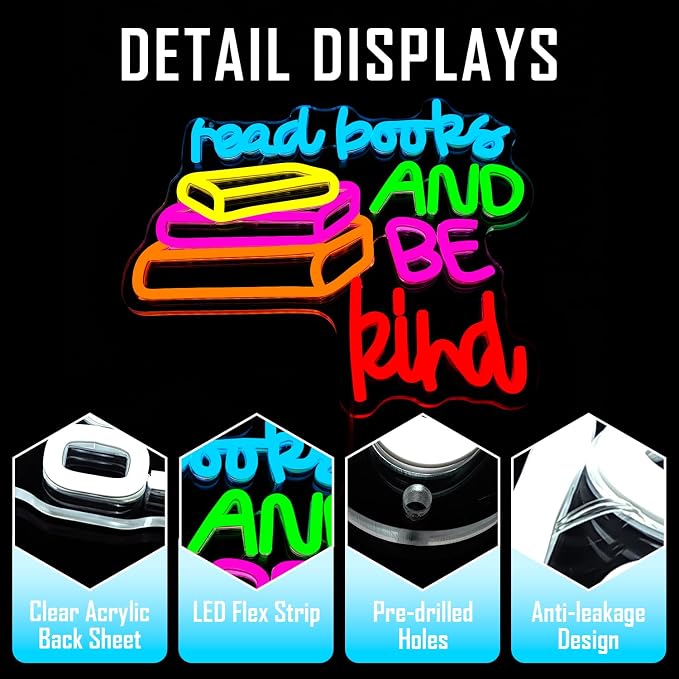 Read Books And Be Kind Neon Sign Reading Led Sign for Classroom Wall Decor Dimmable Colorful Books Neon Light for Library Decor Birthday Gifts For Students Teacher