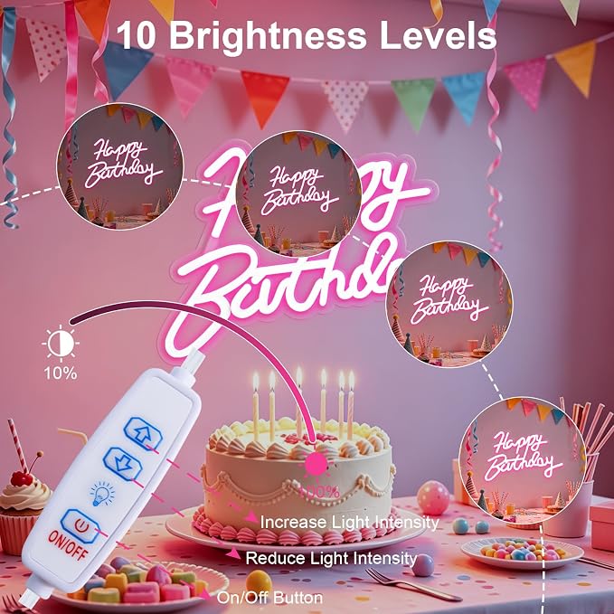 Happy Birthday Neon Sign for Wall Party Decor, LED Happy Birthday Light up Sign for Backdrop, 16"x 11" USB Powered 10 Brightness Settings Light up Signs Party Decorations Backdrop, Pink