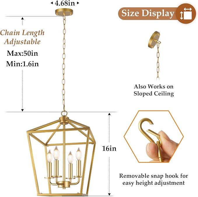 Gold Farmhouse Chandelier, 4-Light Foyer Lighting Fixtures for Dining Room | Industrial Kitchen Lantern chandelier Over Table, Pendant Island Ceiling Light for Entryway, Metal Cage Adjustable Height