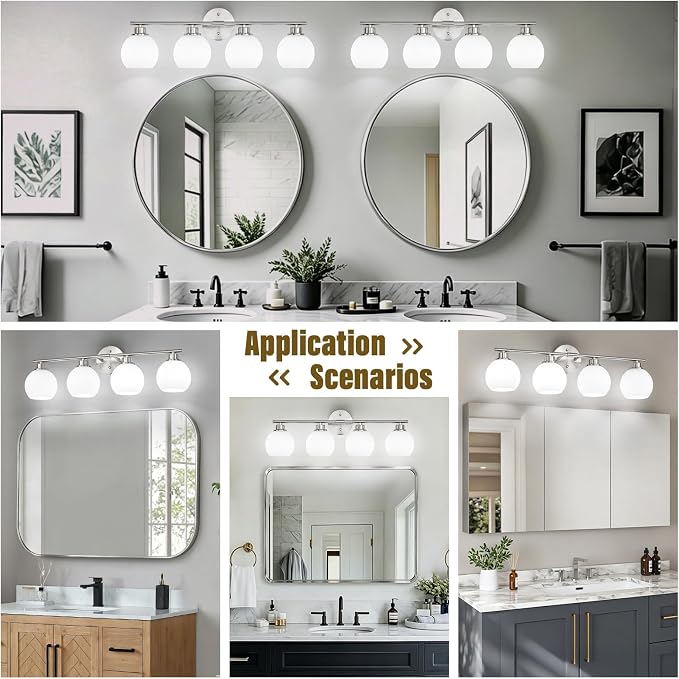 Brushed Nickel Bathroom Light Fixtures, 4-Light Vanity Light Over Mirror | Modern Bathroom Lighting Over Mirror, Wall Sconces, Milky White Globe Glass Shades, E26 Socket,ETL Listed