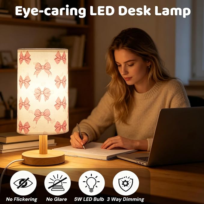 Pink Bow Bedside Table Lamp for Bedroom,Kids Room Decorative Lights 3 Colors LED Nightstand Night Light Lamps with Linen Lampshade Desk Lamp for Girls Boys Birthday Gifts for Home Living room Decor