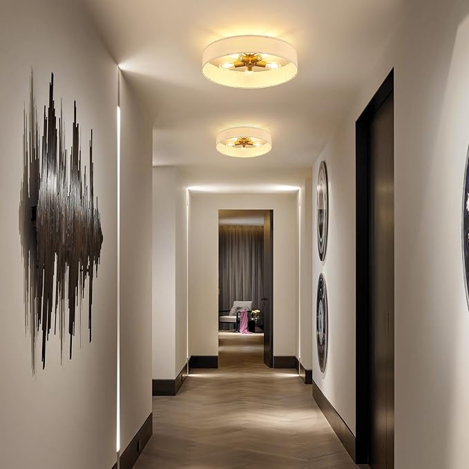 VILUXY Gold Semi-Flush Mount Ceiling Light Fixture with 24" Large White Fabric Drum Shade 5-Light for Bedroom Dining Room Entryway Round Ceiling Lamps