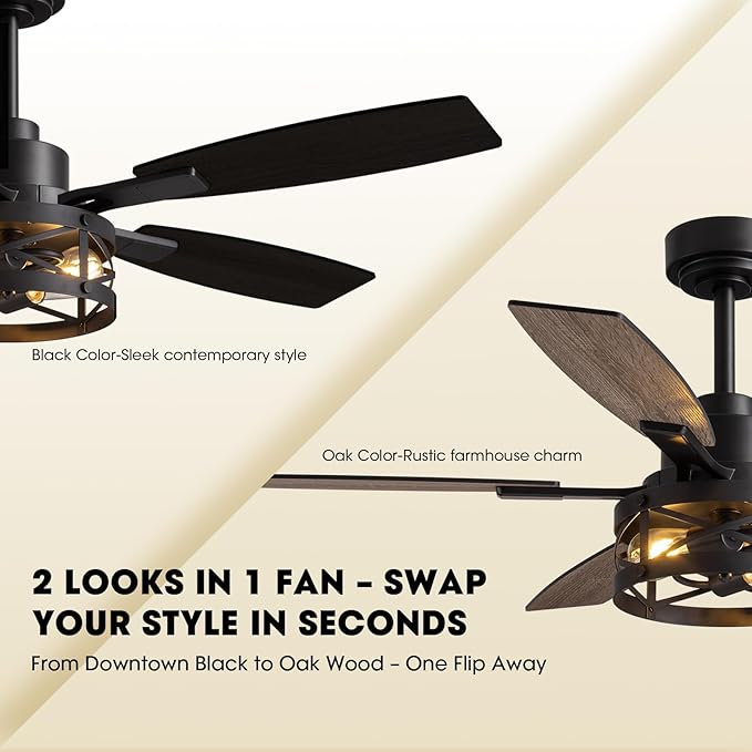 50 Inch Ceiling Fans with Lights and Remote & APP Control, Farmhouse Ceiling Fan with LED Lighting for Bedroom Living Room and Patio, Black Caged Ceiling Fan for Indoor and Outdoor(NO BULBS）