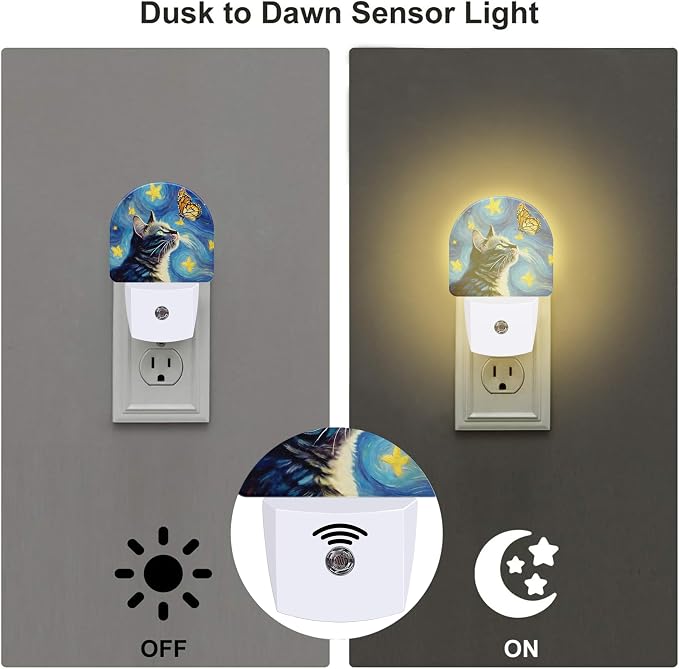 Cat and Butterfly Night Light for Kids, Starry Night Oil Painting Plug in Night Light with Dusk to Dawn Sensor, 0.5w Energy Saving Nightlight for Hallway Stairway Kitchen Bedroom