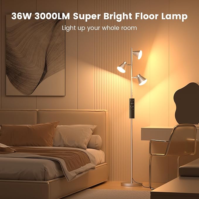 36W LED Tree Floor Lamp, Dimmable Tall Standing Lamp with Remote & Touch Control, 4 Color Temperatures Bright Floor Lamp, 3 Rotatable Light Modern Floor Lamps for Living Room Bedroom Office