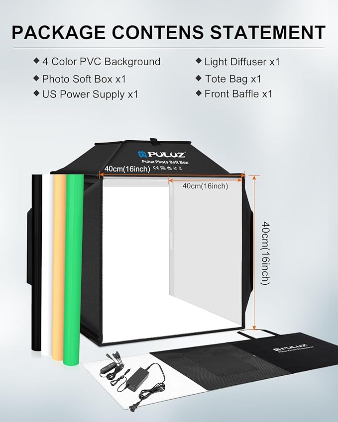 PULUZ Upgrade Light Box & Soft Box, 16"x16" Professional Shooting Tent with 480 LED Lights Photo Studio Light Box Photography with 4 Color PVC Backdrops for Jewelry and Product Photography