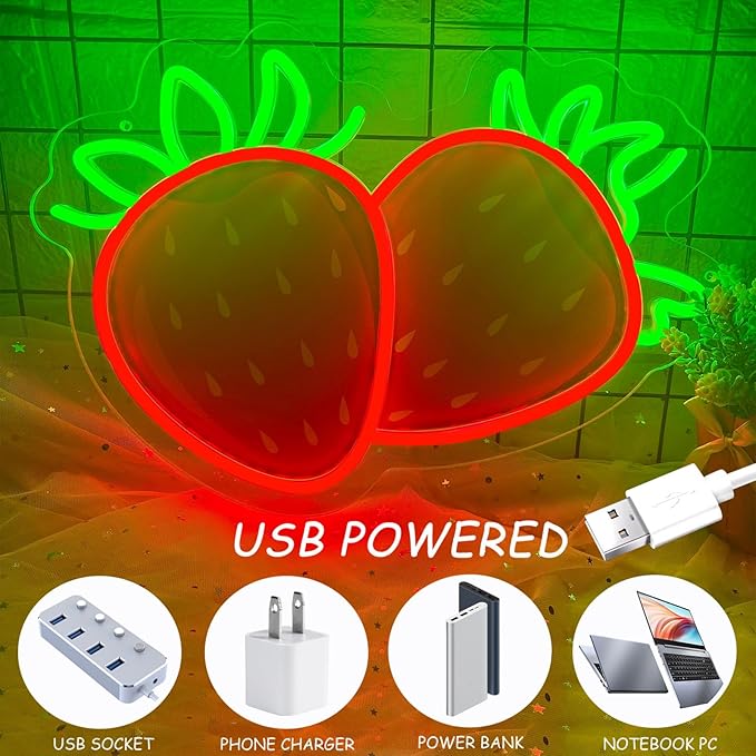 Strawberry Neon Sign for Wall Decor, Dimmable Printing Strawberries Fruits Neon Lights, Vibrant Fruit Themed Neons LED Signs for Kids Room, Bedroom, Restaurant, Bar, Club, Fruit Shop, Birthday Party
