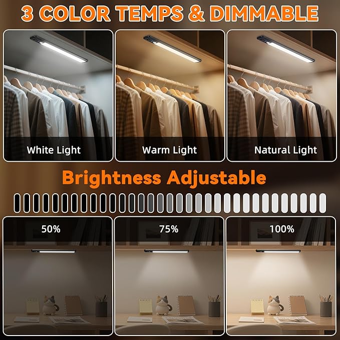 Under Cabinet Lighting Wireless, 15inch Motion Sensor Light, 3Pack-Black | Rechargeable, 3 Color Temps, Dimmable, Power Display, LED Closet Light Magnetic, Under Counter Lights for Kitchen Shelf Home