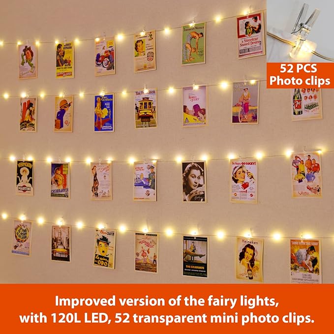 HXWEIYE 120LED Warm White 40Ft Fairy String Light with 52 Clear Clips & 12 Hooks, USB Powered, Waterproof, 8 Modes & Timer, Perfect for Indoor/Outdoor, Bedroom, Party, Wedding Decor