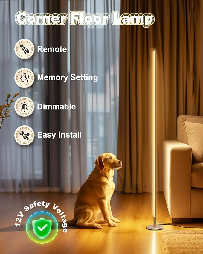 Minimalist Corner Floor Lamp - 2700K-6500K Dimmable LED Light | Modern Standing Mood Lamp with Remote Control for Living Room, Bedroom - 57" - 12W - Gold - 1Pack