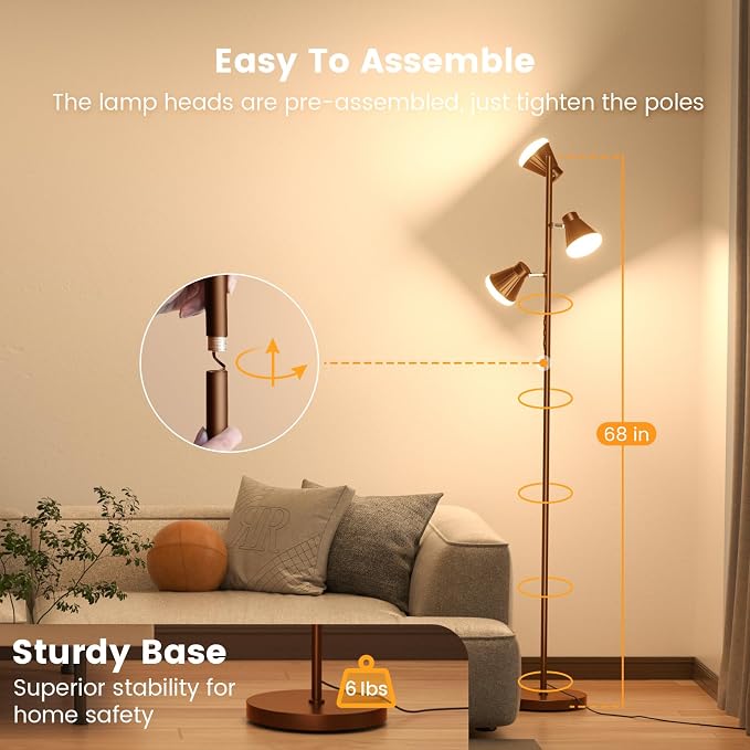 36W LED Tree Floor Lamp, Dimmable Tall Standing Lamp with Remote & Touch Control, 4 Color Temperatures Bright Floor Lamp, 3 Rotatable Light Modern Floor Lamps