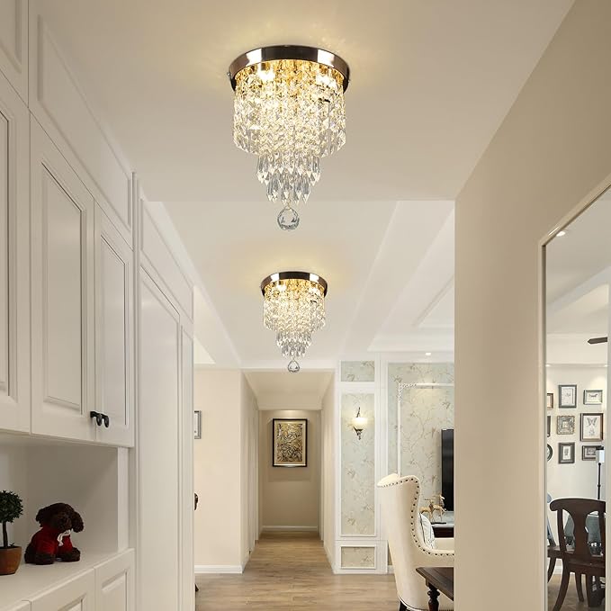 Flush Mount Crystal Chandelier 9.8" – Modern Gold Ceiling Light with LED 3-Color K9 Raindrop Crystals for Bedroom, Dining Room, Entryway, Hallway