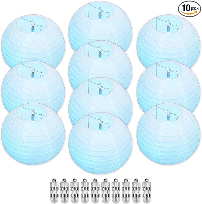 Light Blue Chinese Paper Lanterns with LED Lights, 10-Pack 12in | Hanging Lights for Gender Reveal, Beach Party, Birthday Decorations, Ceiling Decor & Home Party