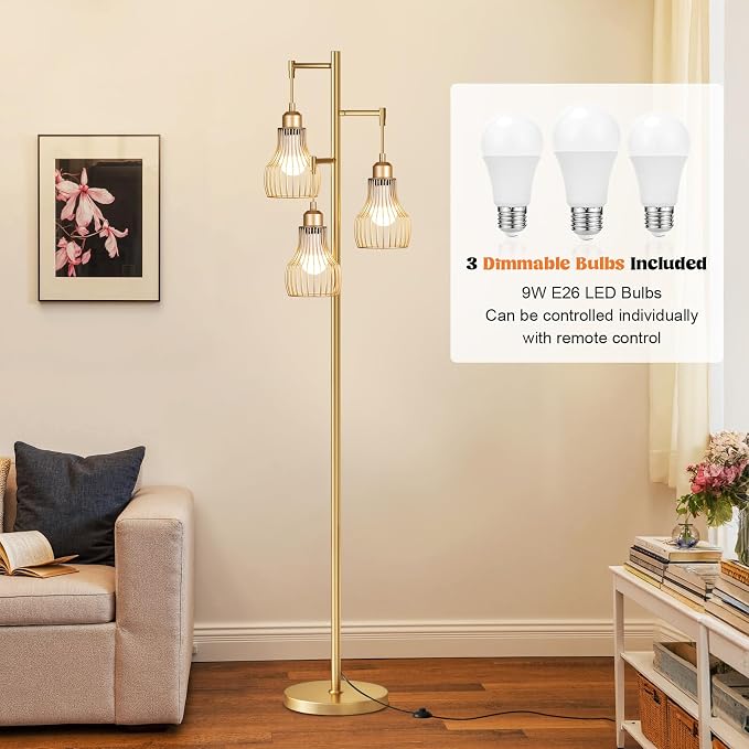 Ziisee Dimmable Gold Floor Lamps for Living Room, Farmhouse Tree Standing Tall Lamp with Remote Control 3 Elegant Cage Shade LED Bulbs for Bedroom Office - Gold