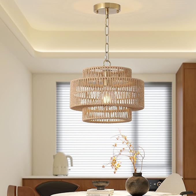 12.4" Large Boho Rattan Farmhouse Chandeliers for Dining Room, Rattan Hand-Woven Rustic Drum Chandelier Pendant Light Fixture for Kitchen Island Bedroom Living Room Entryway Foyer
