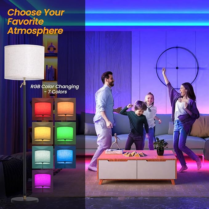 Floor Lamp Height Adjustable with Dimmable RGB for Living Room and Bedroom | 55"- 67" Height Adjustable Black Standing Lamp with Remote RGB Dimmable - Tall Stand Light with Shade for Corner Lighting