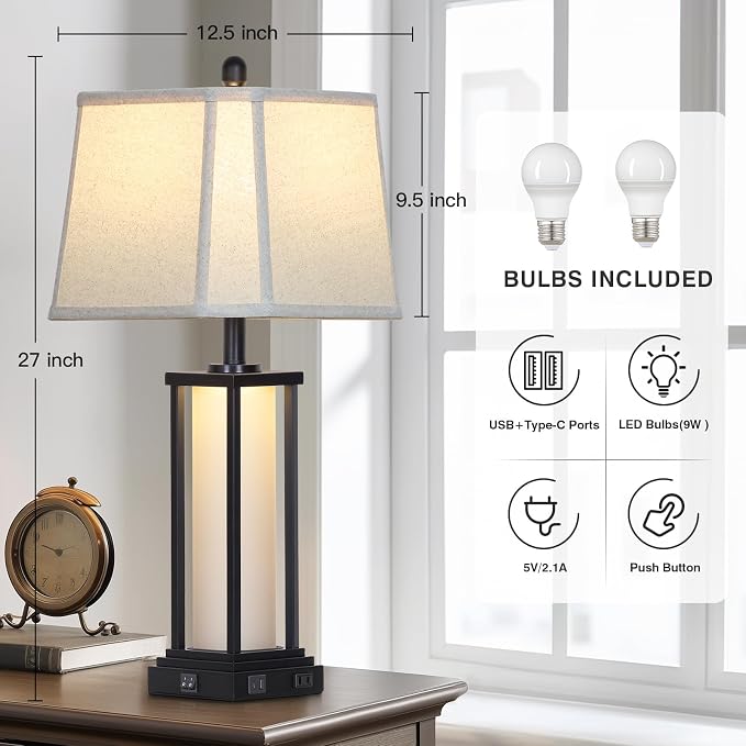 27" Tall Vintage Table Lamp Set of 2 with USB C+A & Outlet,Black Industrial End Table Lamp for Living Room,Farmhouse Rustic Bedside Lamps with Bell Lampshades for Bedroom Nightstand,Black