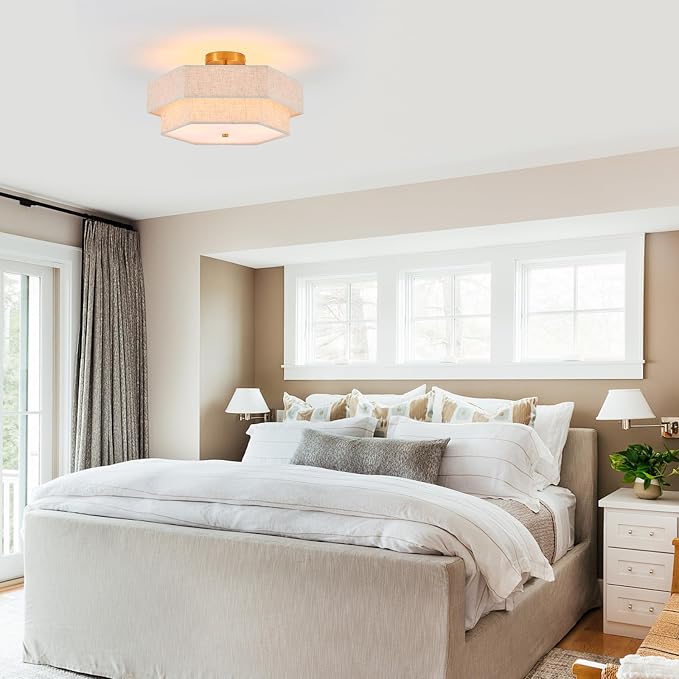 18" Large Gold Semi Flush Mount Ceiling Light, 3-Light Fixture | Beige Linen Double Hexagonal Shade, Modern Gold Finish For Bedroom, Dining, Living, Hallway, Entryway; Close-To-Ceiling, E26