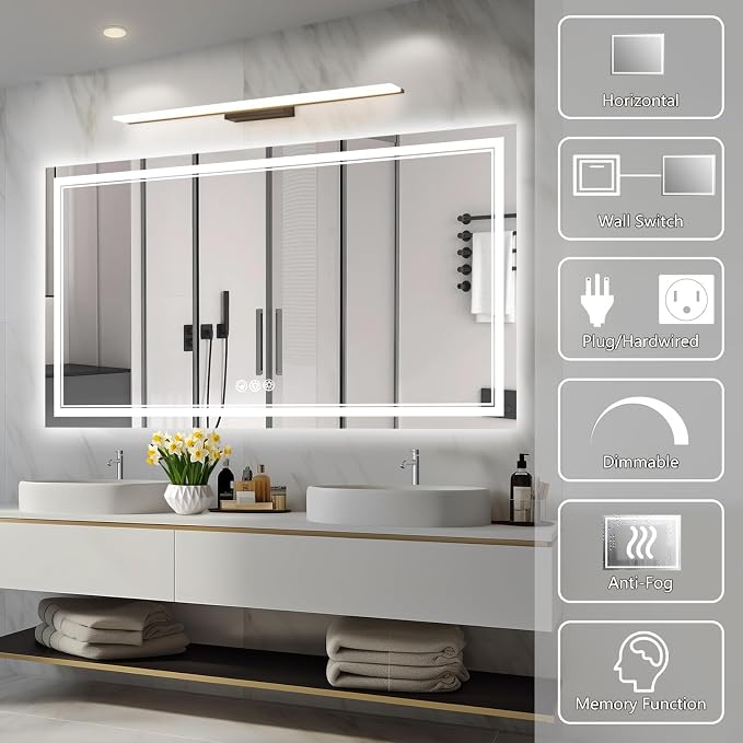 Ratsamee 55x30 Inch Led Mirror for Bathroom with Front Light and Backlit, Bathroom Mirror with Led Lights, Vanity Mirror with Lights for Wall, Anti-Fog, Dimmable, Memory Function, Tempered Glass