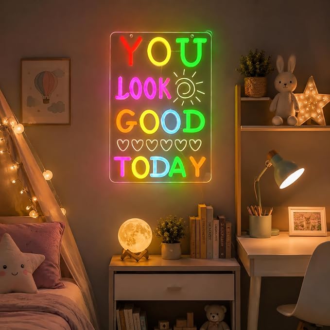 You Look Good Today Neon Sign for Wall Decor, Colorful Led Neon Light for Bathroom Bedroom Decor, Dimmable Mood Lighting for Office Cloakroom Party Kids Room Bar, 5V USB