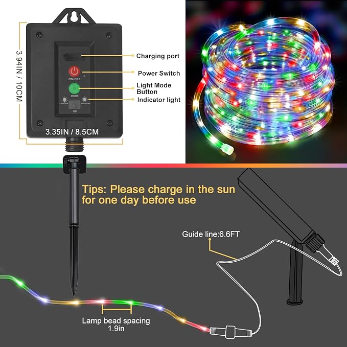 KNONEW Solar Rope Lights Outdoor 2 Packs Total 600LED 100FT Solar String Light Outside Waterproof with 8 Modes Clear Thin Tube for Pool Patio Garden Fence Camping Yard Deck Trampoline（Multicolor）