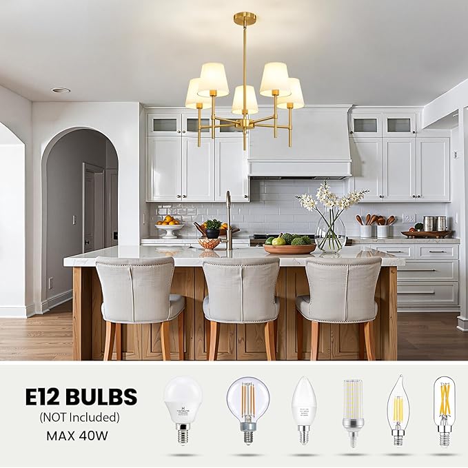 Dining Room Chandeliers Light - 5-Light Gold Modern Chandeliers Light Fixtures with White Fabric Shade, Height Adjustable Pendant Island Light for Entryway Farmhouse