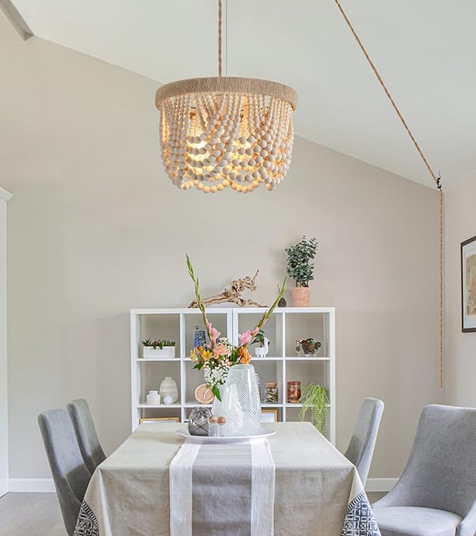 AMZASA Plug in Chandelier Boho Woven Hemp Rope Wooden Beaded Farmhosue Hanging Pendant Light Fixture with 14.8FT Cord On/Off Switch 3 Lights for Nursery Bedroom Living Room Dining Room UL Listed