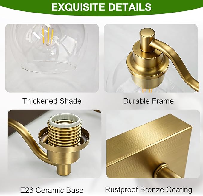 IZORRO Bathroom Light Fixtures, 3 Light Brushed Gold Vanity Light, Modern Wall Sconces with Globe Clear Glass Shade, Vanity Lighting Fixtures Over Mirror,E26 Bulb Socket