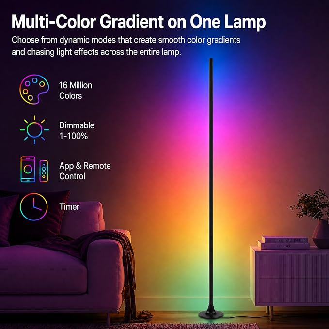 sylvwin Corner Floor Lamp,Smart Ambient Light for Gaming Room | Remote & App Control,16 Million Colors & 100+ Scene Modes, Music Sync ,RGB Color Changing Floor Lamp for Living Room