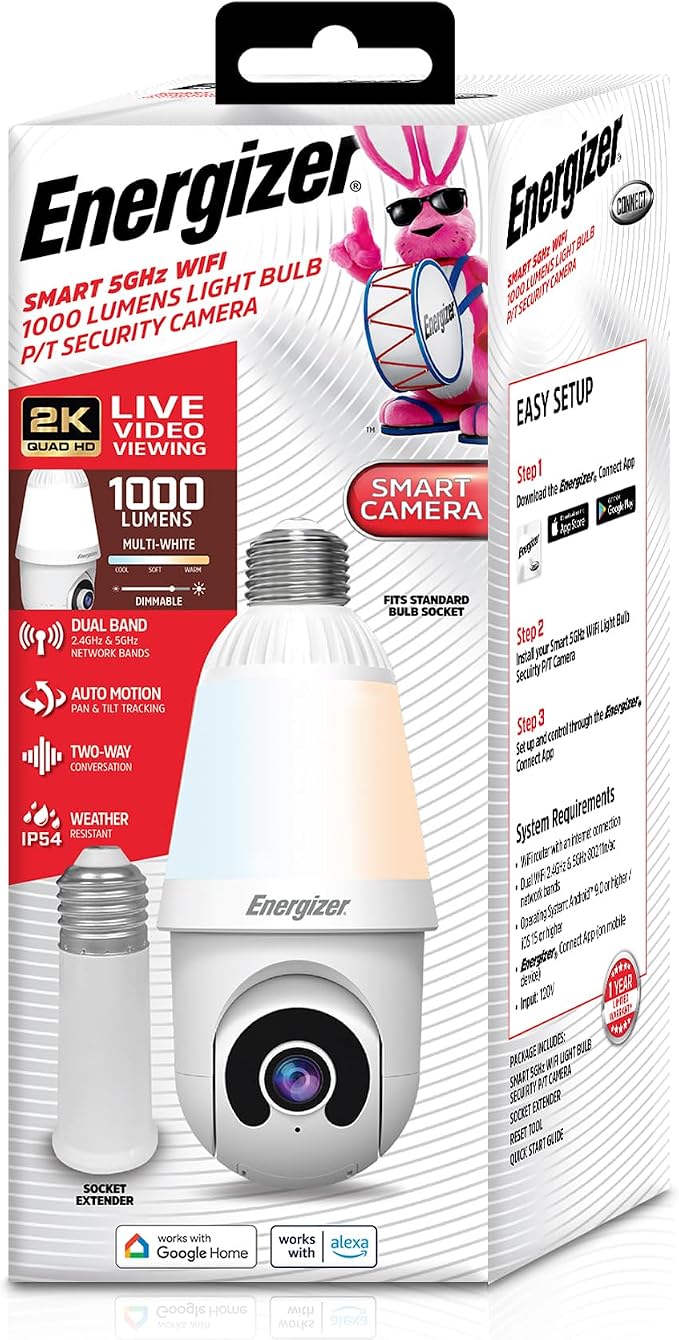 Energizer Smart 2K Light Bulb Security Camera, 1000 Lumens LED Light, 5G&2.4G Wi-Fi Outdoor Socket Camera, Pan Tilt Auto Tracking, (White, App Enabled Smart Detections)