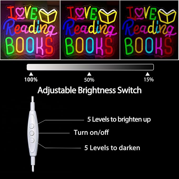Love Reading Books Neon Sign Colorful LED Book Light for Wall Decor, Reading Corner Led Sign Reading Nook Sign for Bedroom Classroom Study Room Literary Aesthetic Decor 5v USB