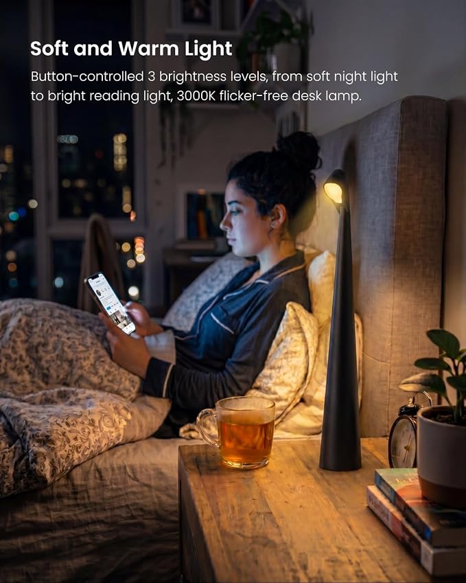 Cordless LED Table Lamp, 4000mAh Rechargeable Portable Desk Lamp, 3-Level Brightness, Bedside Night Light, Ambient Reading Light for Restaurant, Bedroom, Outdoor Camping, Night Light, Black