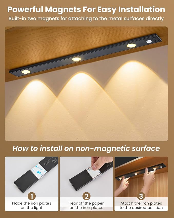 3 LED Under Cabinet Light, Under Counter Dimmable Lighting with Motion Sensor, USB Rechargeable Motion Sensor Light, Cat’s Eye Hill Corrugated Effect, for Display Cabinet, Showcase, Wine Cabinet
