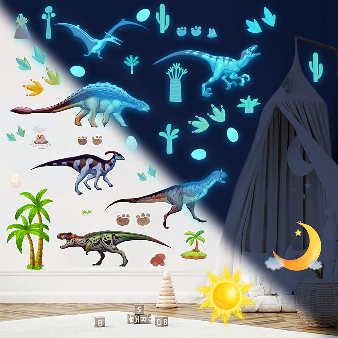 Glow in The Dark Dinosaur Wall Decals Dinosaur Room Decor for Bedroom | Glowing Self-Adhesive Stickers for Ceiling, Removable Wall Stickers Children's Room Stickers Boys and Girls Room Decoration