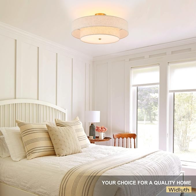 25.6" Large Gold Semi Flush Mount Ceiling Light，5-Light Linen Shade | Modern Fabric Drum Ceiling Light Fixture，E26 Base for Living Room ,Bedroom ,Kitchen ,Dining Room ,Hallway,closet,laundry room