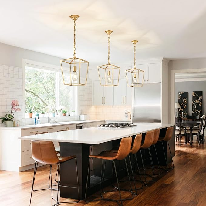 ANJIADENGSHI Lantern Pendant Light Lantern Iron Cage 1 E26 Bulbs Gold Chandelier for Dining Room Kitchen(Bulbs Not Included)