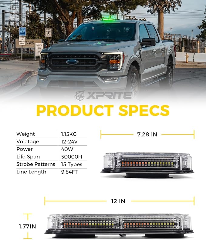 Xprite 108 LED Roof Top Strobe Light, US Flag Pattern Mail Postal Car Light Bar, Emergency Safety Warning LED Mini Strobe Lightbar w/Magnetic for Patrol Vehicles Law Enforcement Trucks Plows, Green