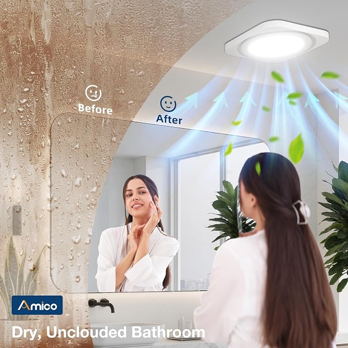 Amico Bathroom Exhaust Fan with Light, 80 CFM, 1.0 Sones, 1400LM, 3CCT | Ceiling Opening 7.6'' x 7.3'', Easy Install & Very Quiet, Ceiling Mount Shower Bathroom Fan with light, FCC Certified