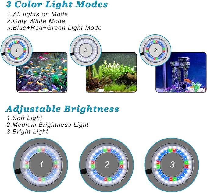DOMICA Clip On Aquarium Light for 1 to 3 Gal Fish Tank (Dimmable White+Blue+Red LED) USB Moving Lamp for Open Terrarium (Adapter NOT Included)
