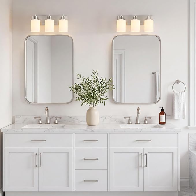 3-Light Bathroom Light Fixtures, Brushed Nickel Vanity Light Over Mirror | Modern Vanity Lights for Bathroom with Milky White Glass Shade, Wall Lamp for Kitchen Bedroom Hallway Living Room, 16.5 Inch