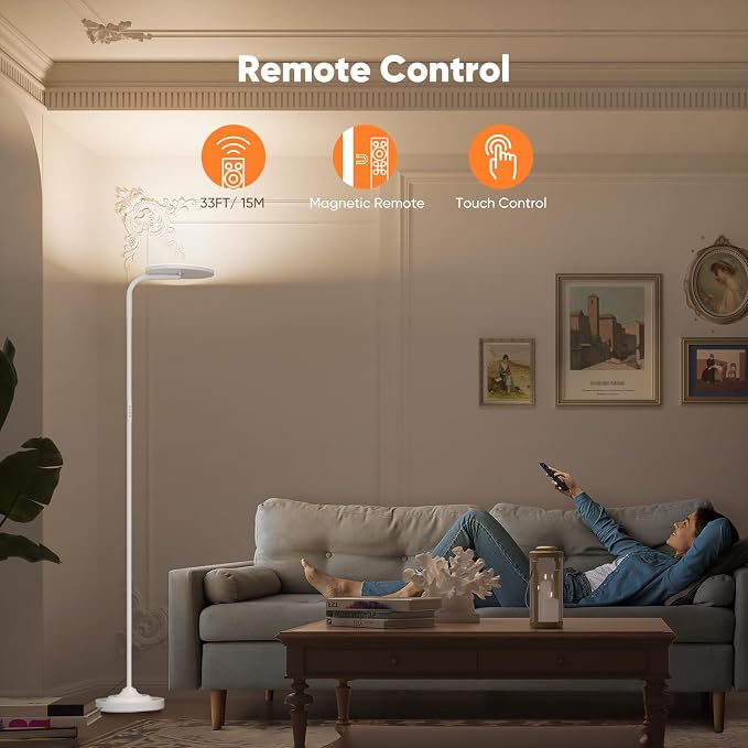 36W LED Floor Lamp, Super Bright Standing Lamp, Modern Stepless Dimmable Torchiere Tall Lamp with Remote Control, 350°Rotating Head Reading Floor Lamp for Living Room, Bedroom, Office