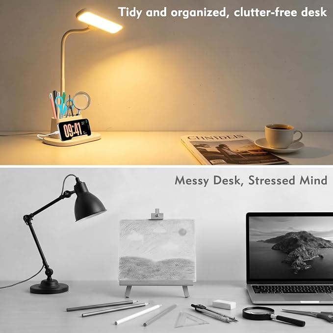 LED Desk Lamp for Dorm Small Desk Lamp with Pen Holder 5 Color Modes White | Dimmable Touch Control, USB Charging Port, Eye-Caring Reading Light for Home Office Table Study College Room Students