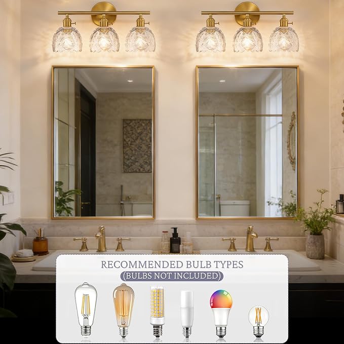 Hamilyeah 3-Light Bathroom Vanity Light Fixture, Brushed Brass Gold Wall Light with Clear Embossed Floral Glass Shades, Vintage Glass Vanity Lighting for Mirror, Powder Room, Bedroom, Hallway, Modern