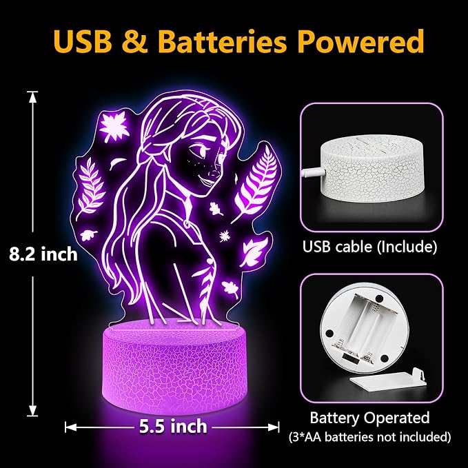 Cute Night Light for Kids [2 Set] 16 Colors Change Princess Decor Lamp with Remote, Dim for Girls Bedroom 3D Illusion LED Night Lights, Ideal Gifts for Girls Christmas Birthday Party Room Decoration