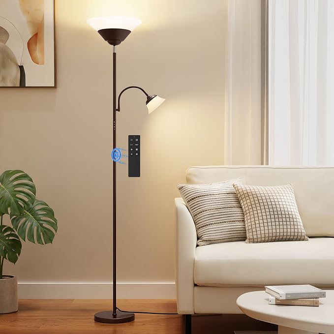 2-in-1 Torchiere Floor Lamp, 34W Super Bright LED Standing Lamp with Remote & Touch Control, 72" Dimmable Adjustable Corner Reading Lamp for Living Room, Bedroom, Office, Brown