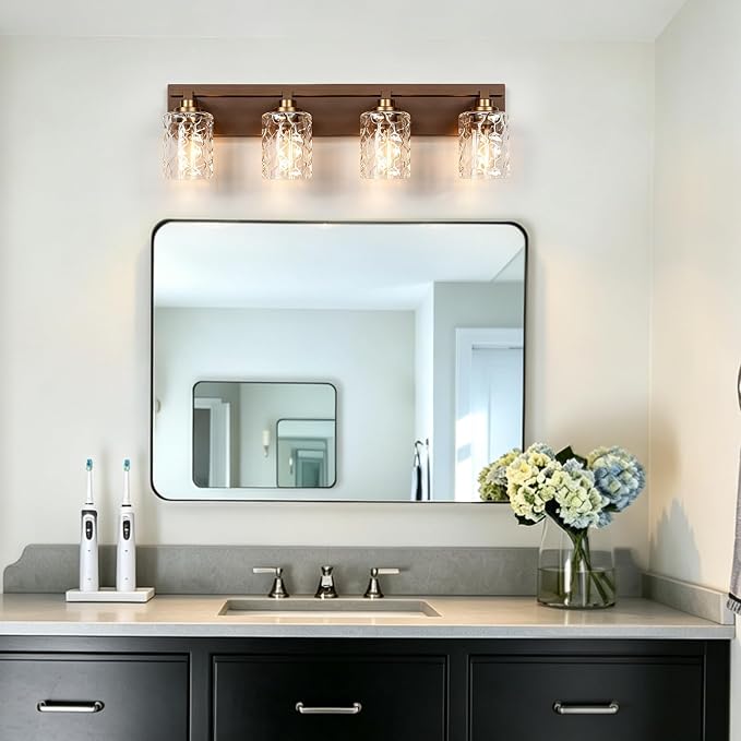Modern Bathroom Lighting Fixtures Over Mirror, Vanity Lights for Bathroom, Wall Sconces with Clear Glass Shades, E26 Ceramic Socket, 4-Light 27.5-inch Oil-Rubbed
