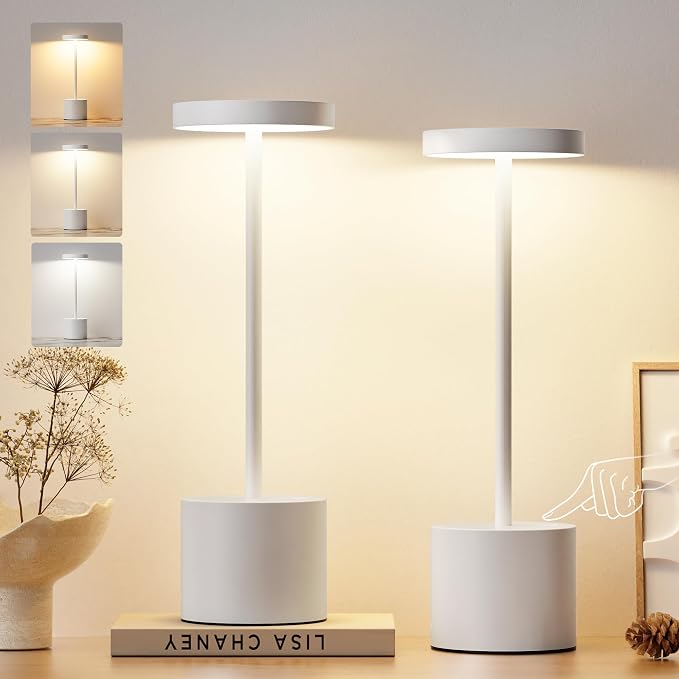 Kakanuo White Cordless Lamp Set, Rechargeable Lamp, 3 Color Temperature, LED Outdoor Wireless Lamps, Battery Operated Lamps, Stepless Dimmable, Touch Control