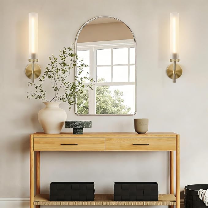 Brass Hardwired Frosted Glass Bathroom Wall Sconces 2 Pack, Modern 20'' Indoor Knurled Wall Sconce, Glass Vanity Light, for Living, Bedroom, Hallway, Staircases,Bulb Included