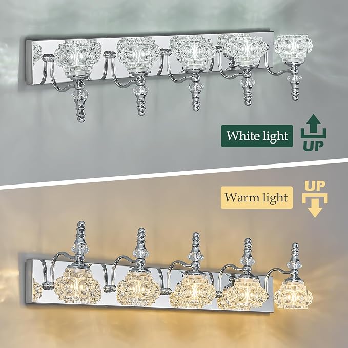 Modern Glass Crystal Vanity Light - Vintage Bathroom Lighting Fixtures Over Mirror, 5 Light Vanity Lights, G9 Bulb (35.43 Inch, Chrome)